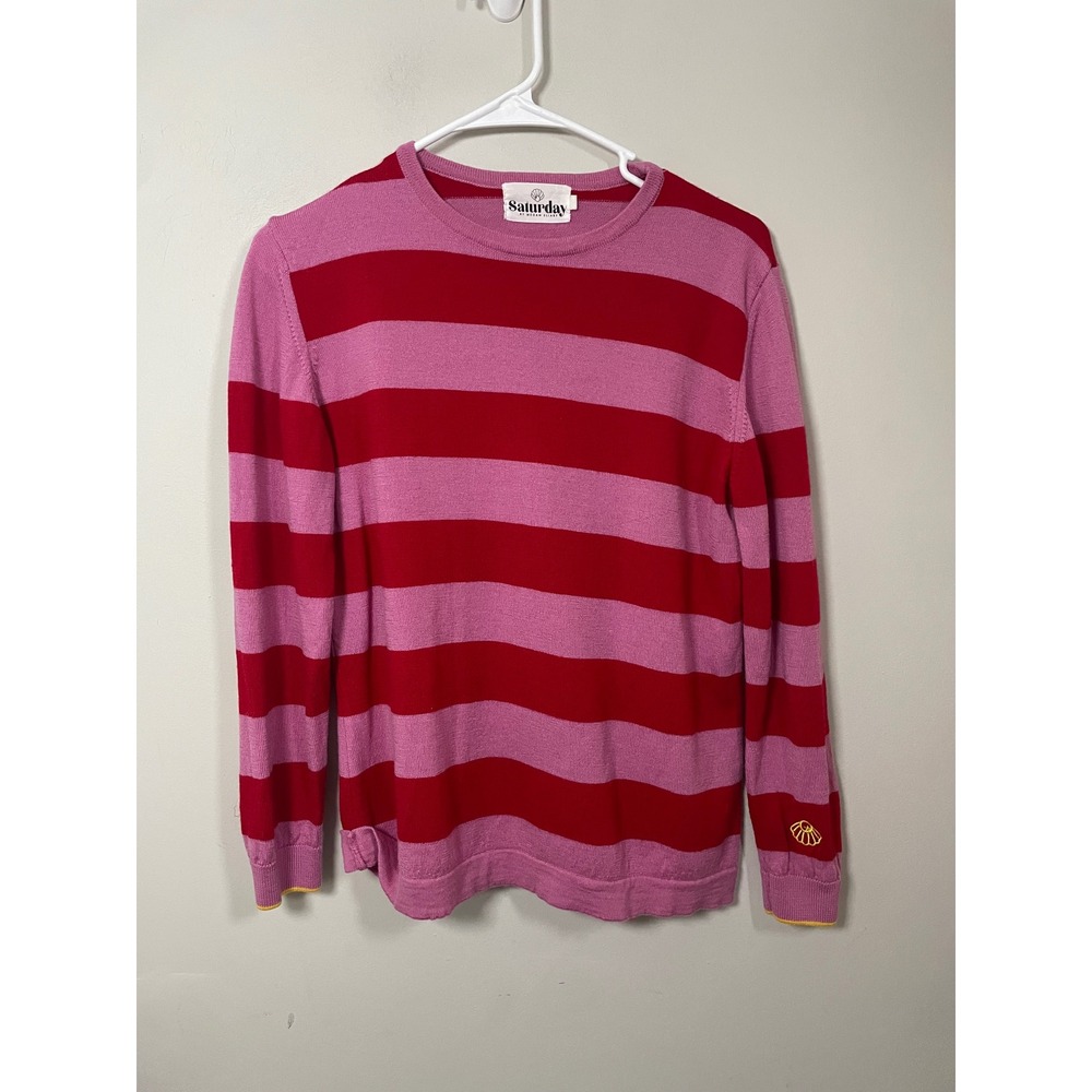 Saturday by Megan Ellaby Pink Striped Merino Wool Sweater Size XL Preppy Classic